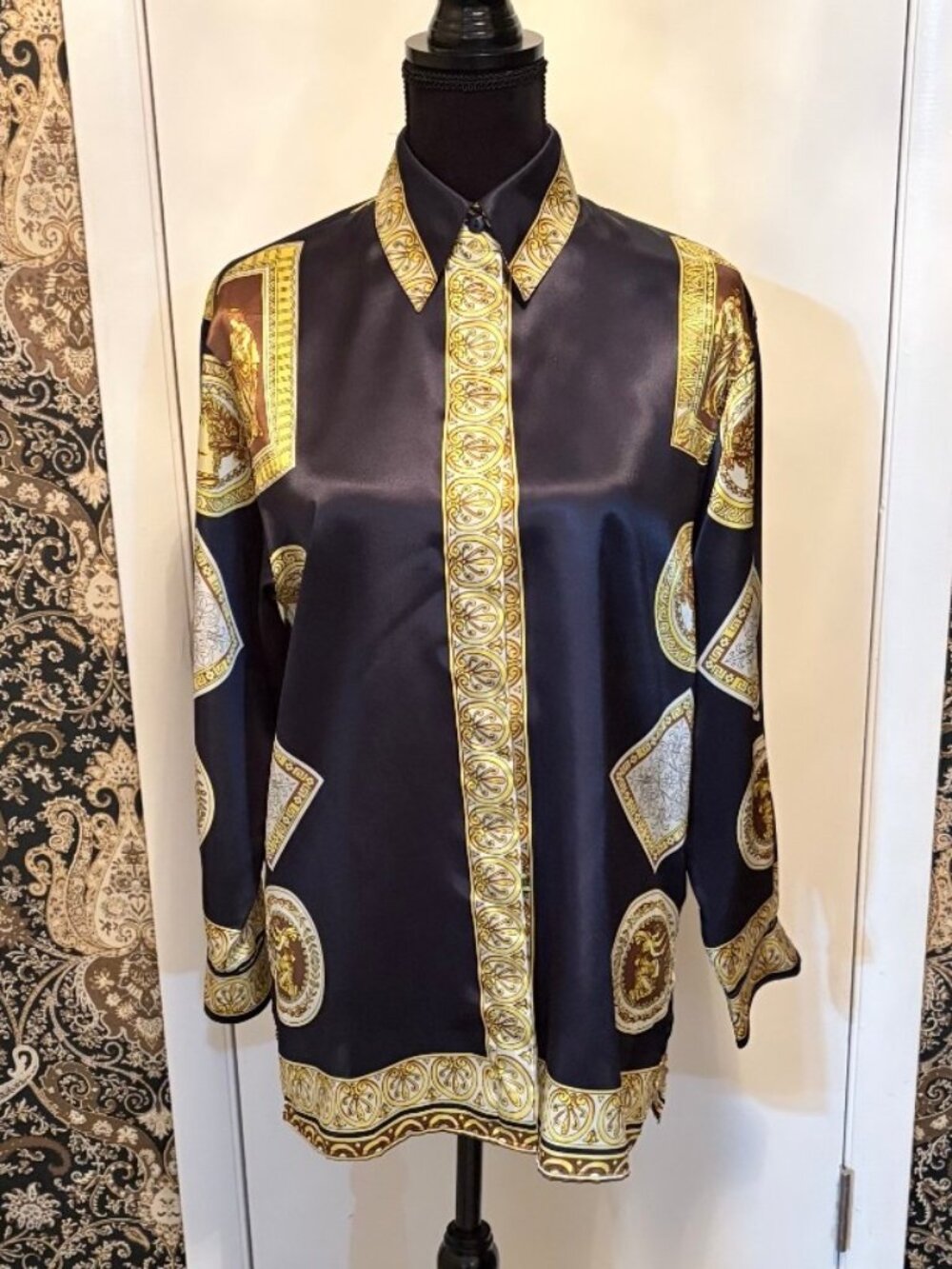 VINTAGE Fred David Dark Navy Silky Oversized Button-front Top Greek Mythology